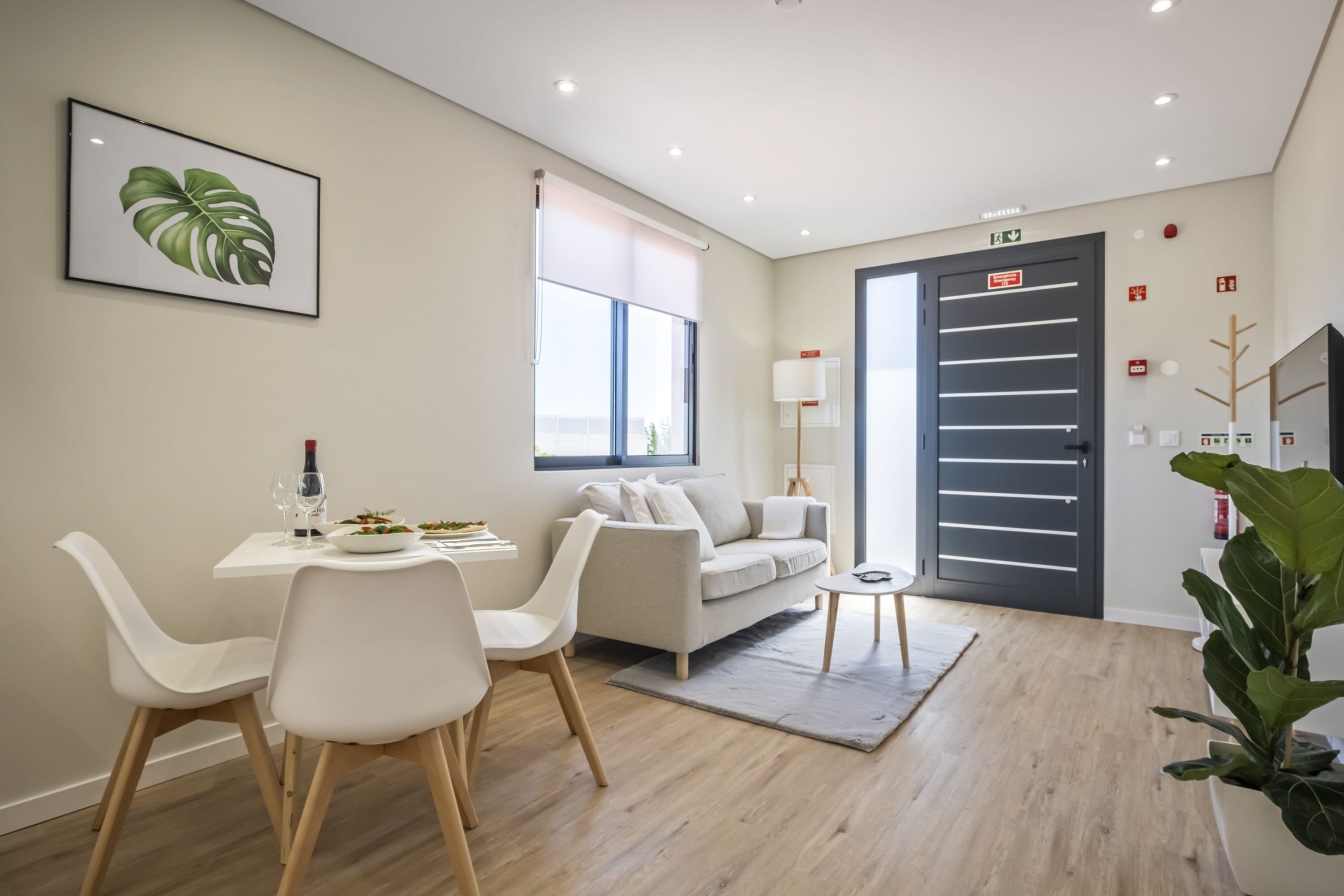 Ein modernes Wohnzimmer mit Essbereich, ausgestattet mit einer Couch, zwei weißen Sesseln, einem kleinen Tisch und einer Topfpflanze.