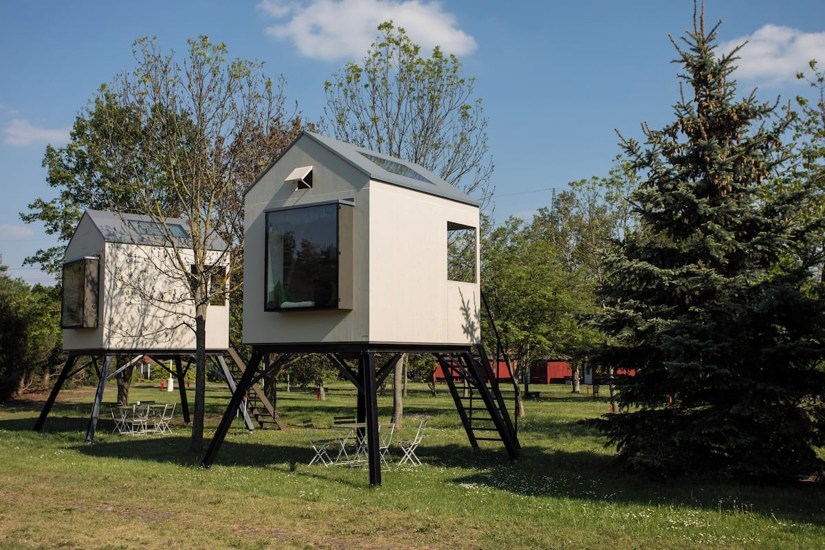 Two elevated treehouse-style cabins with large windows, supported by black metal stilts, in a grassy area with trees and a clear sky.