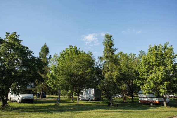 A campsite with RVs parked among trees. - Camp Dzban (Prague)