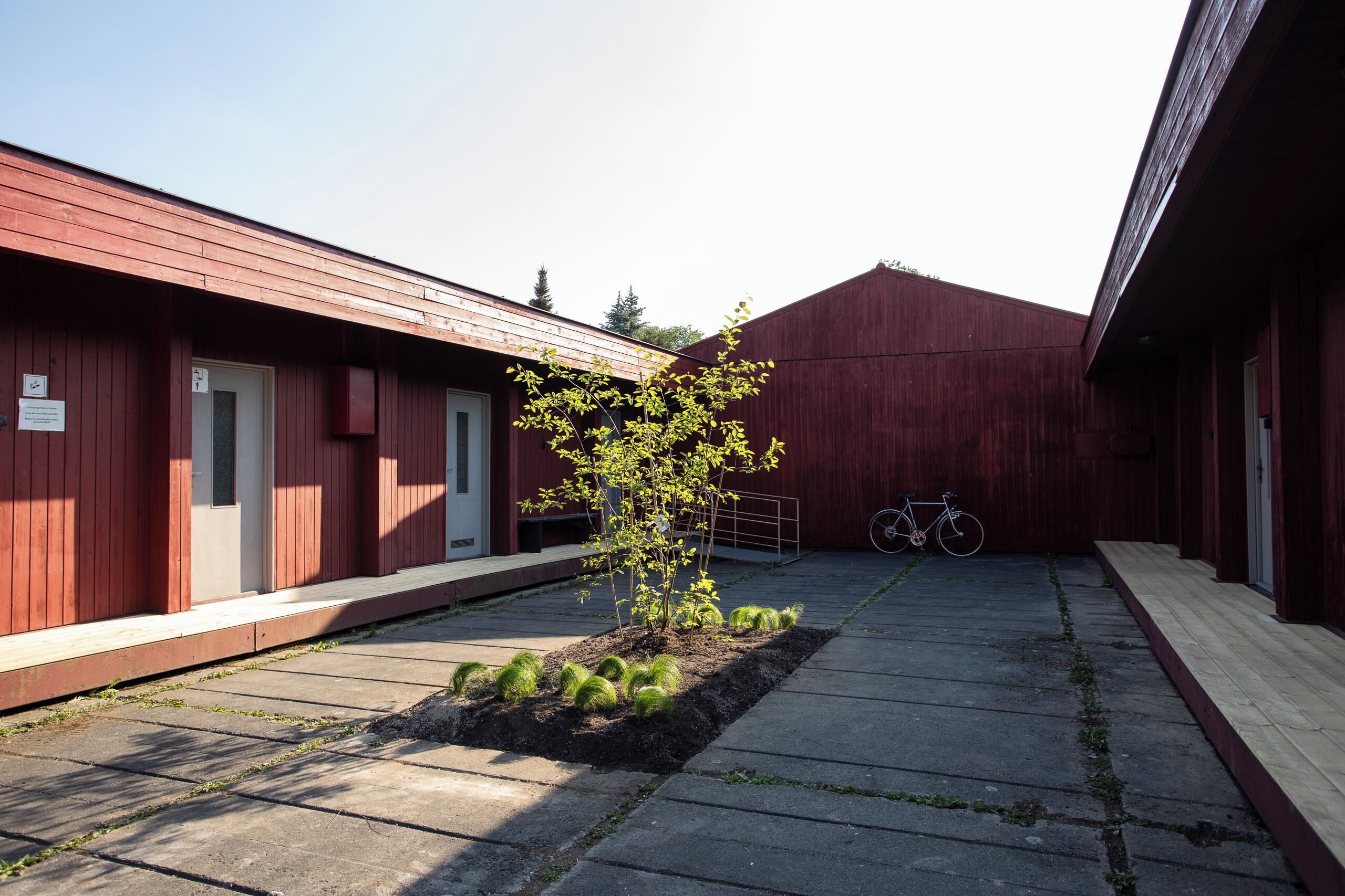 Une cour avec un petit arbre, un vélo et un bâtiment dont le revêtement extérieur est rouge.