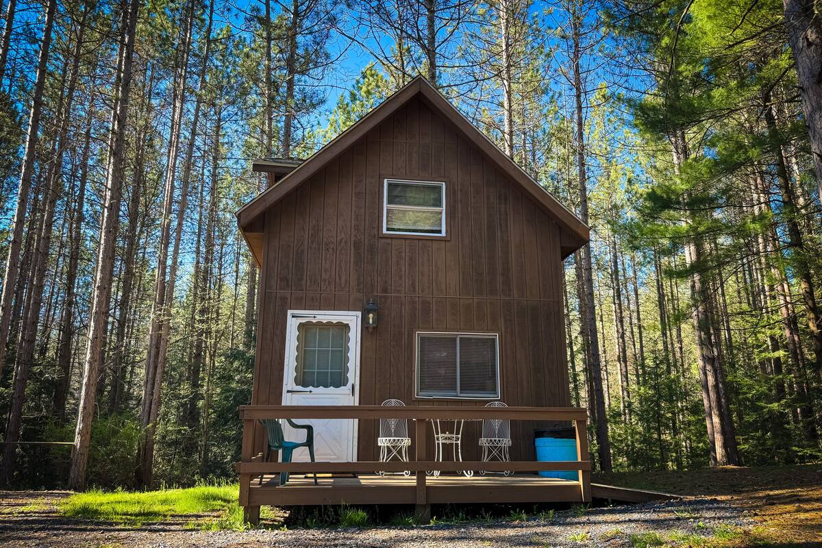 Een houten chalet met een veranda, een deur en twee ramen.