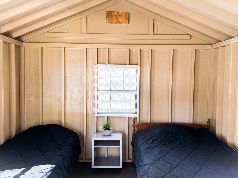 A small, single-room cabin with two beds, a window, and a small shelf with a plant.