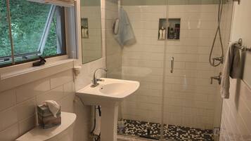 Shower, towels, toilet paper
