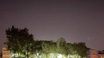 Vista nocturna de una azotea con árboles y edificios al fondo.