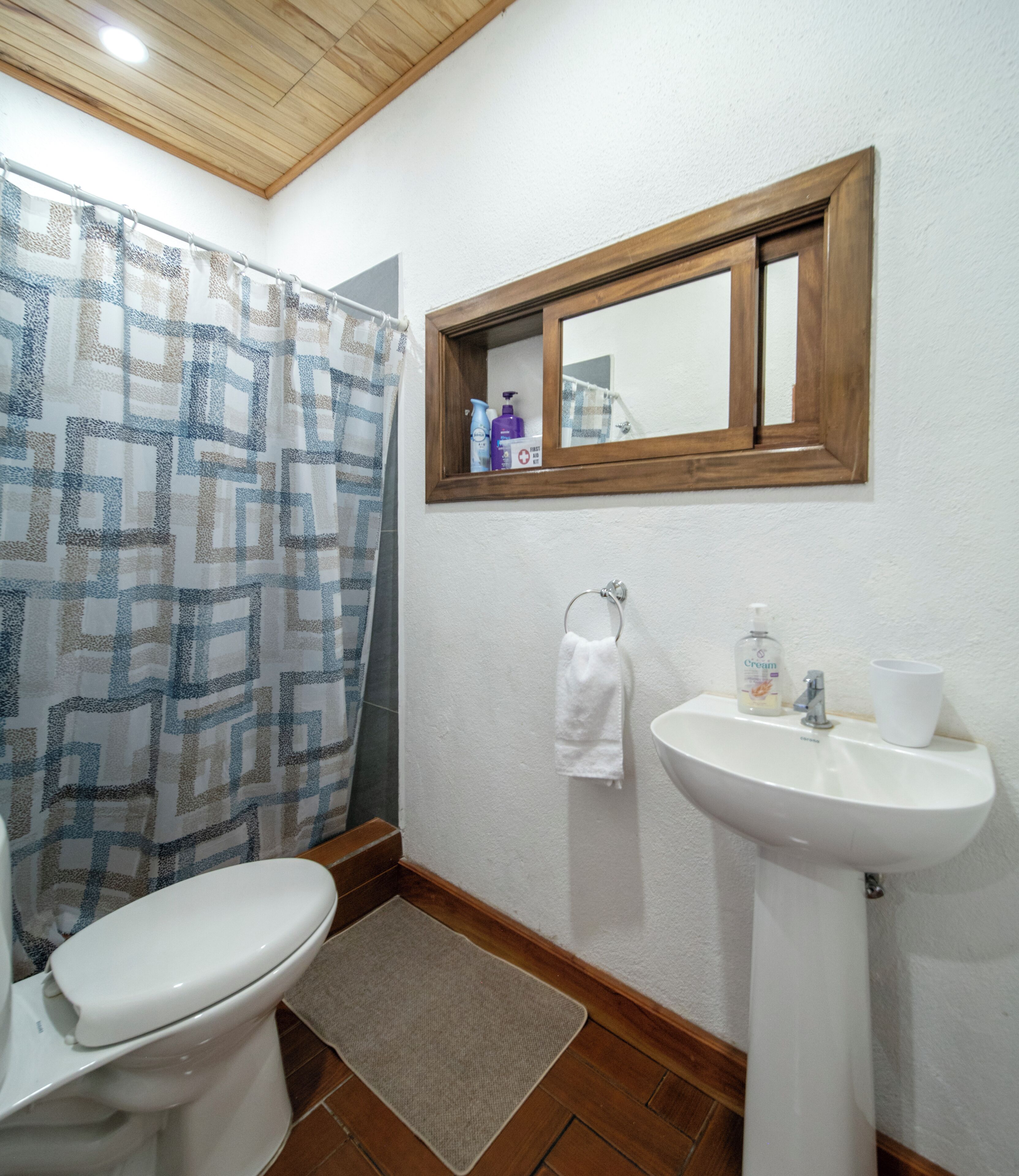 Serviettes fournies, savon, shampoing, papier toilette