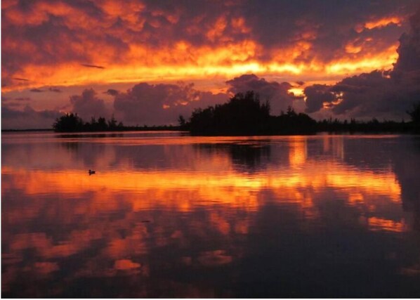 A calm lake at sunset with a silhouette of trees and a small boat. - Sandy creek motel  (Staniard Creek)