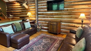 A log cabin interior with a leather sofa, a patterned rug, wooden cabinets, and a mounted deer head.
