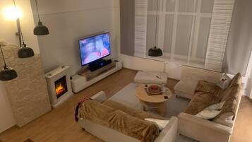 Smart TV, fireplace, books, stereo