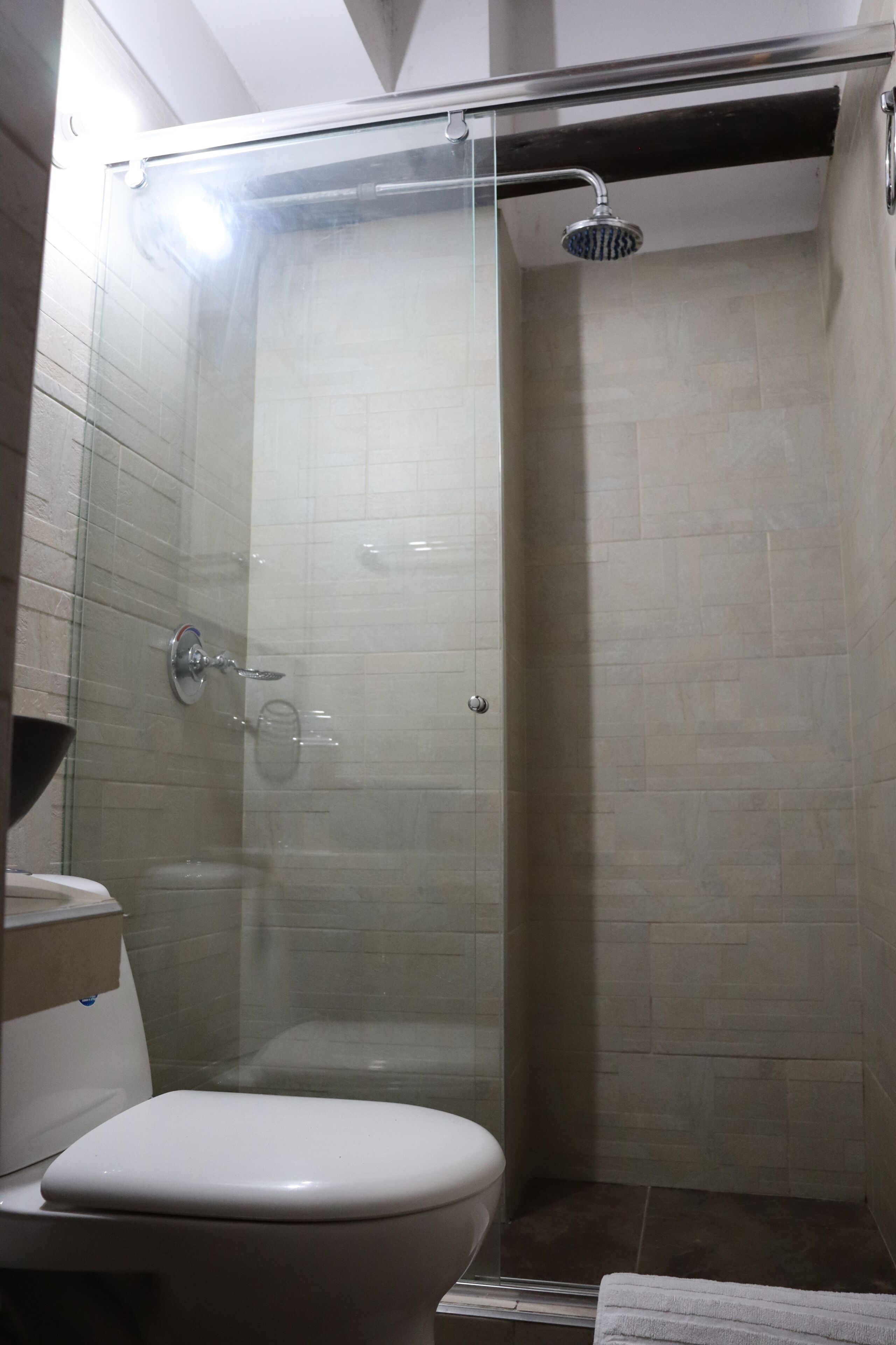 A bathroom with a glass-enclosed shower, a toilet, and a sink.