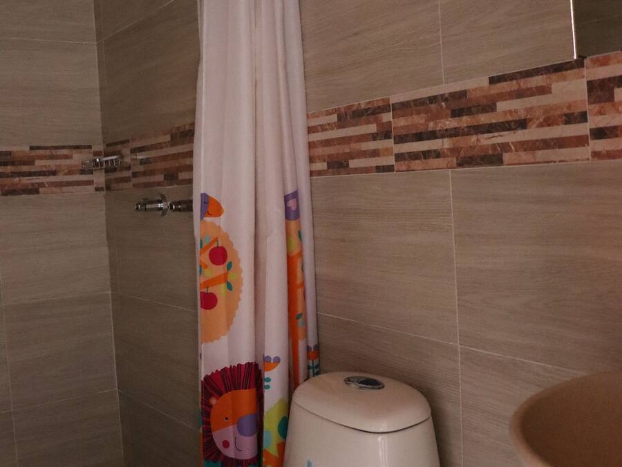 A bathroom with a toilet, a shower, and a sink.