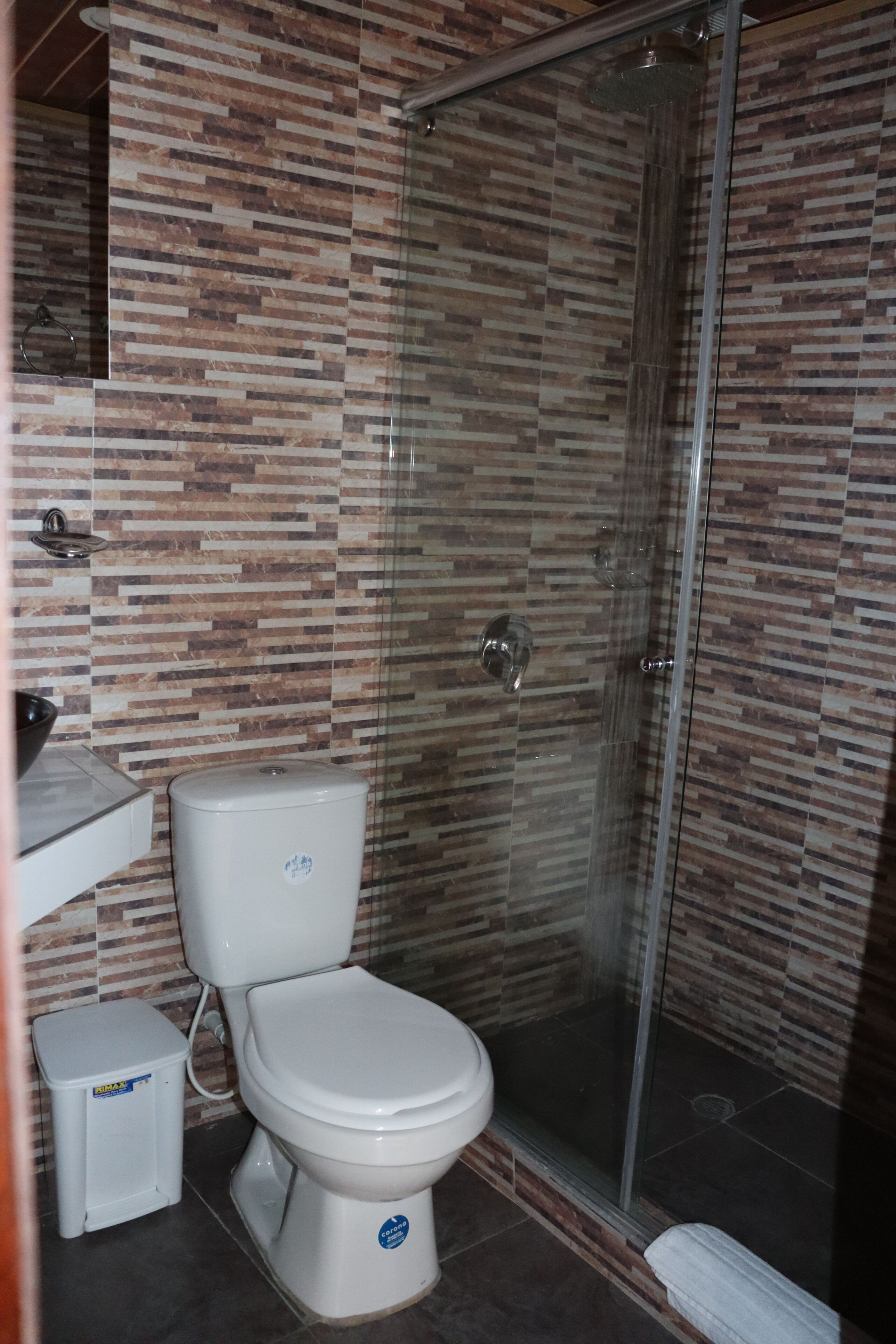 Un baño con inodoro, un pequeño cubo de basura y cabina de ducha de vidrio.
