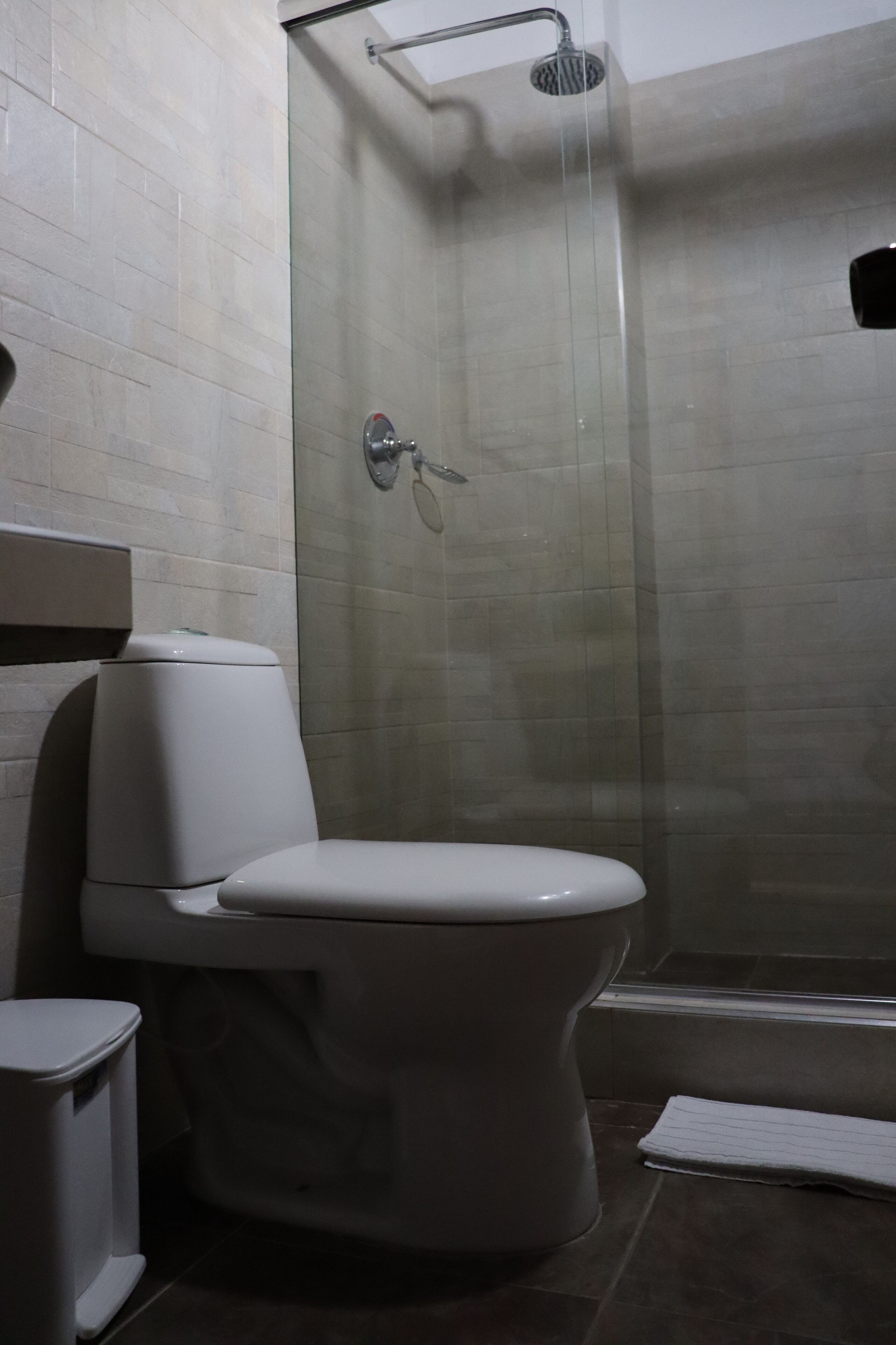 Un baño con inodoro, cabina de ducha y una toalla en el suelo.