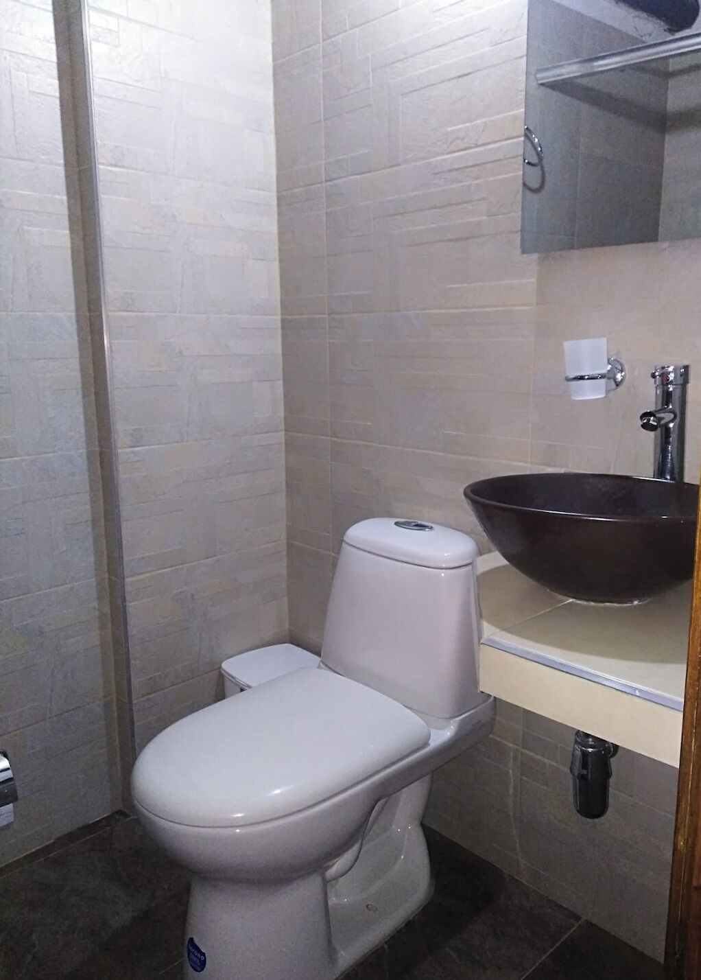 A small bathroom with a toilet, a sink with a large basin, and a mirror above the sink.