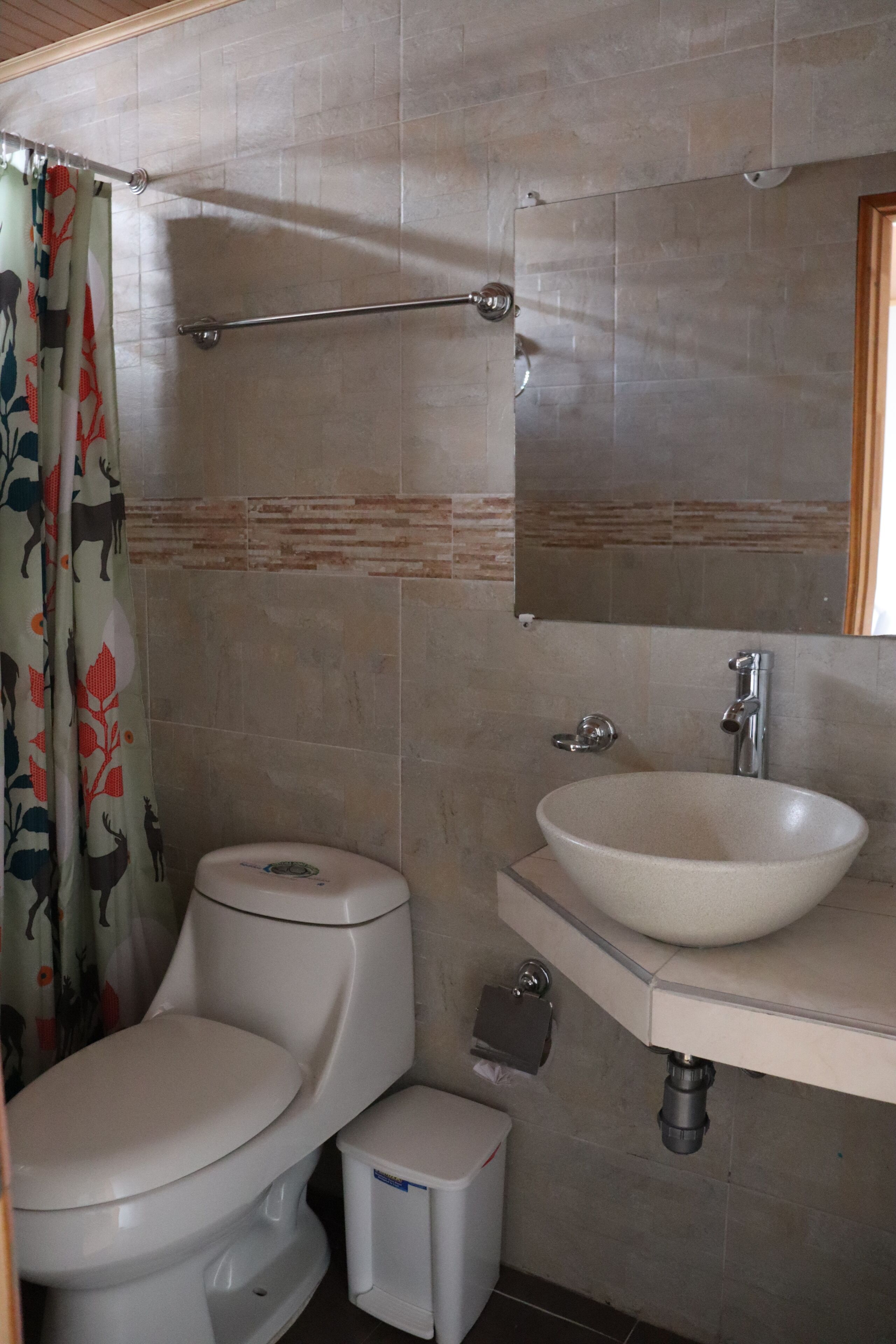 Une salle de bain avec des toilettes, un lavabo et un rideau de douche.