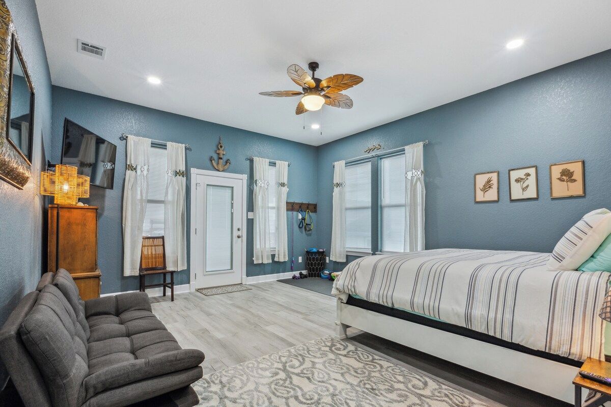 Master Bedroom the size of most beach house living rooms! This is luxury at its finest! Setting new standards for Surfside. Private door leads to deck and the hot tub right outside ! Also huge en-suite bathroom w/ walk in closet. Quartz dbl vanity.