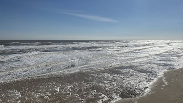 On the beach, sun-loungers, beach towels