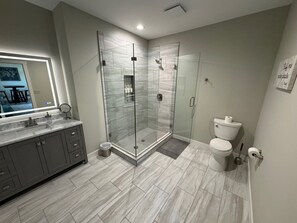 Hair dryer, towels, soap, toilet paper