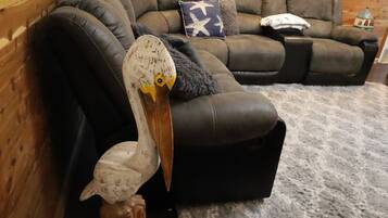 Smart TV, fireplace, books, stereo