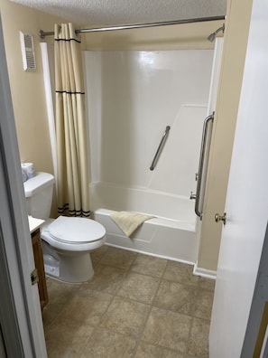 Hair dryer, towels, soap, shampoo