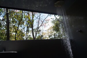 A shower with a view of trees through a window.