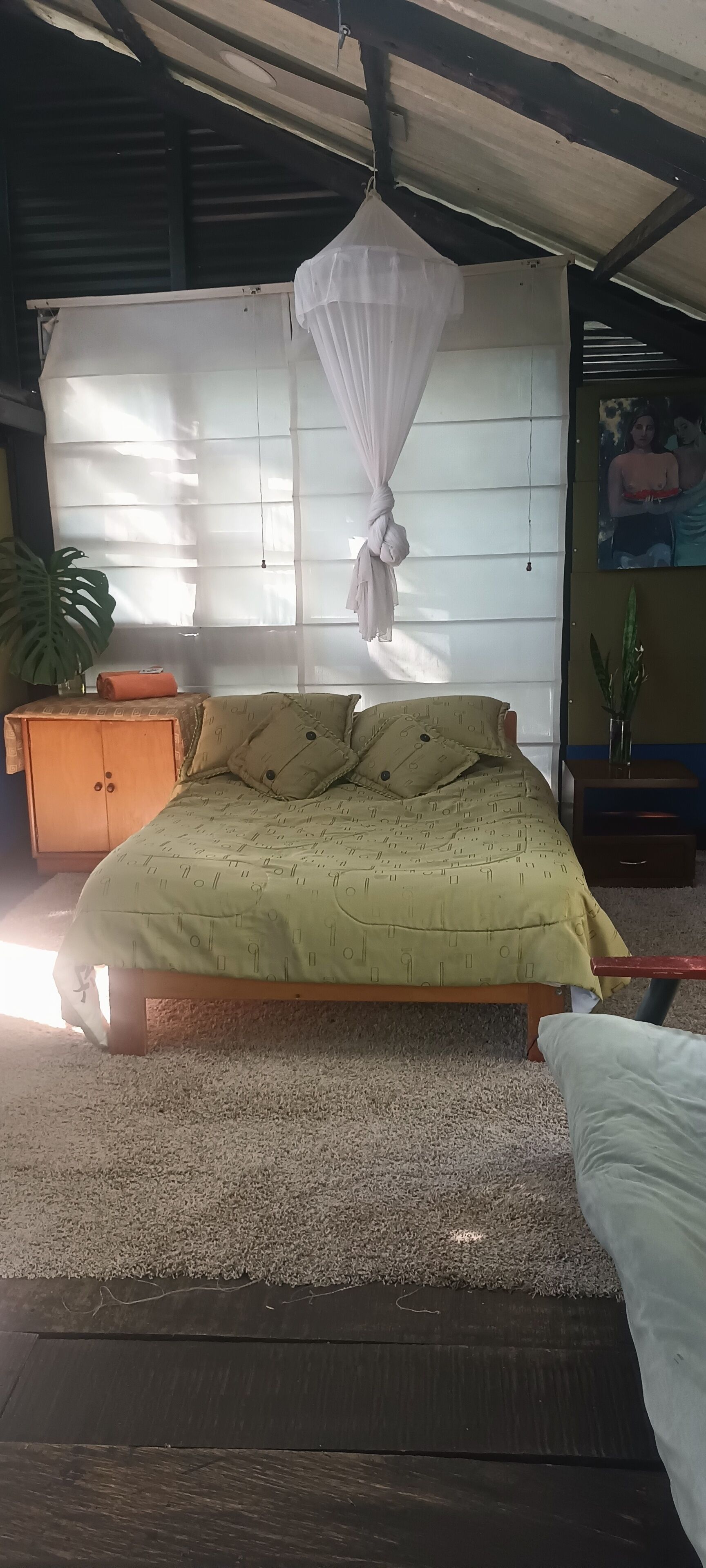 A bed with a green patterned bedspread, a wooden headboard, and a canopy.