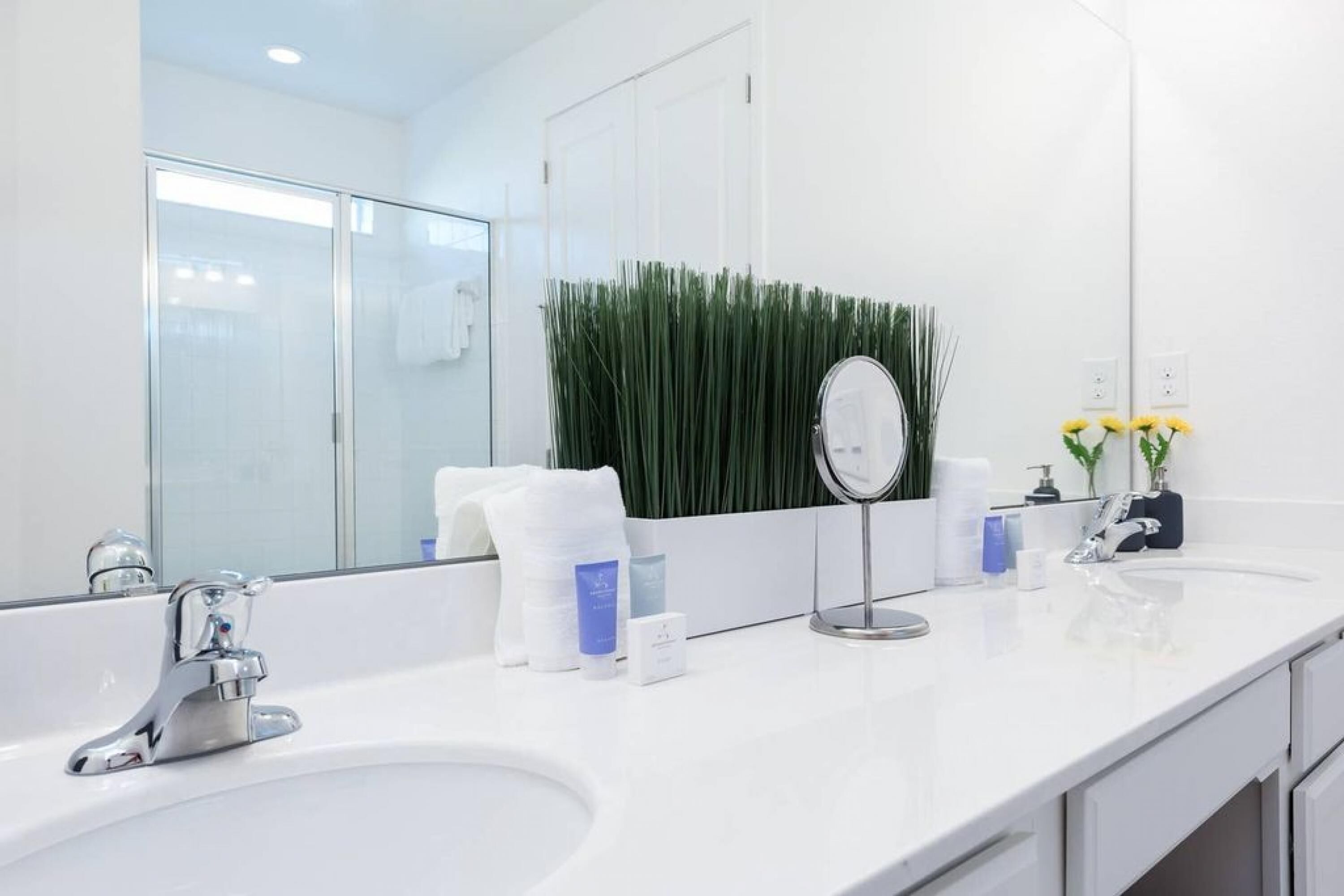 Une salle de bain moderne avec un grand miroir, deux vasques et un mur végétal.