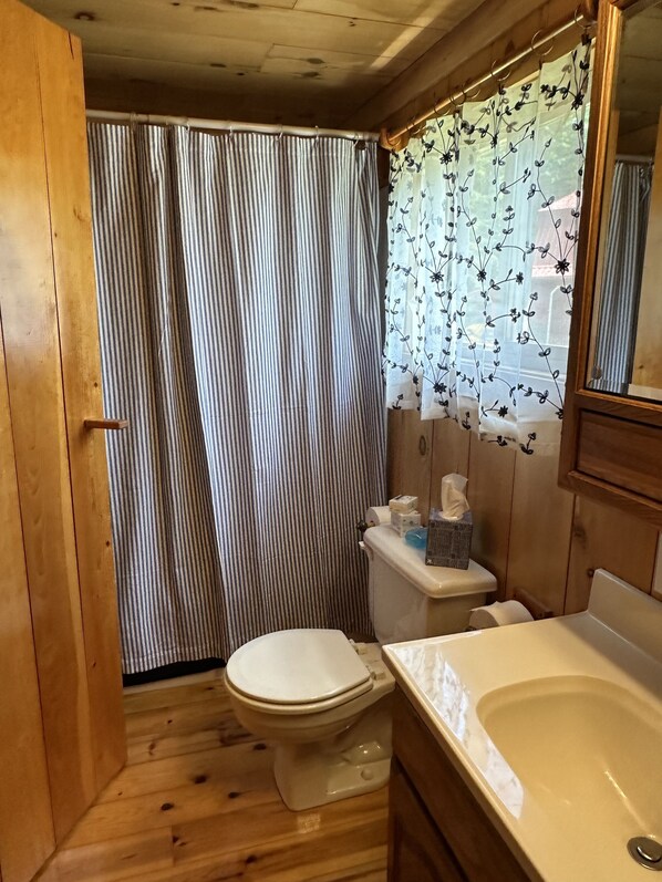 Un baño con piso de madera, un inodoro, un lavamanos y una cortina de ducha.
