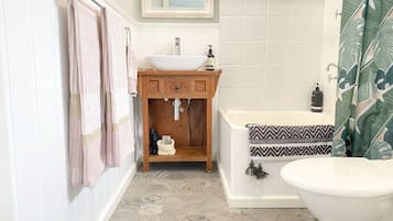 Hair dryer, towels, soap, shampoo