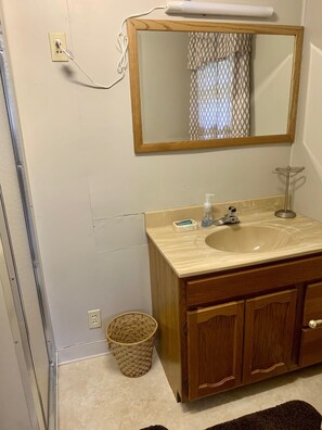 Shower, towels, soap, shampoo - Vintage Cabin on small Private Lake (Phelps)