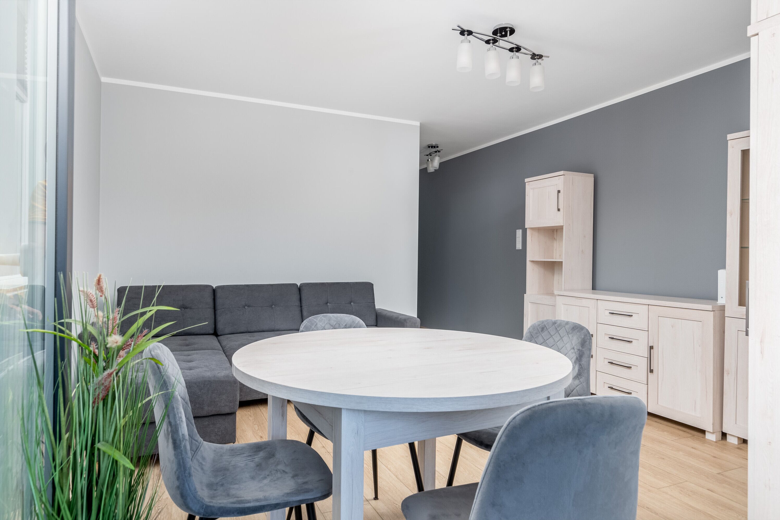 Un salon moderne avec un canapé gris, une table de salle à manger ronde et des chaises grises. On y trouve également un meuble en bois et une plante dans un coin.