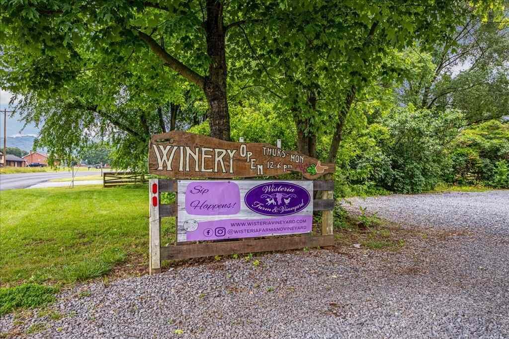 Puinen kyltti, jossa on viinitilan nimi, ja jossa on violetti banneri, jossa mainostetaan «Wisteria Farm & Vineyard» -viinitilaa.