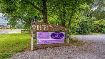 Puinen kyltti, jossa on viinitilan nimi, ja jossa on violetti banneri, jossa mainostetaan «Wisteria Farm & Vineyard» -viinitilaa.