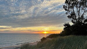 Sonnenuntergang am Meer mit einer grasbewachsenen Vordergrund und einer Baumreihe.