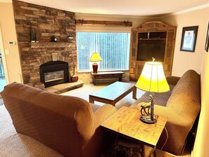 Älytelevisio, takka, DVD-soitin, kirjoja