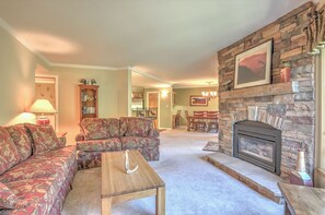 Smart TV, fireplace, DVD player, books