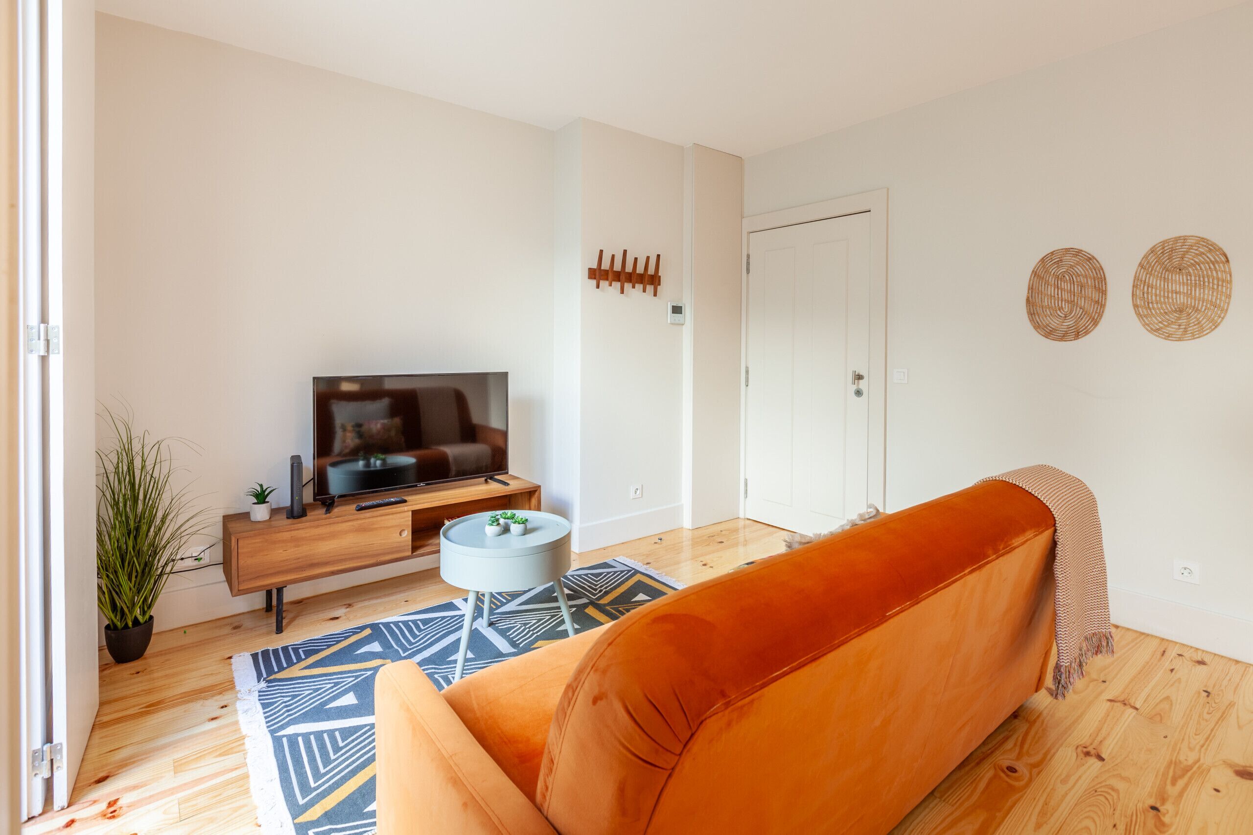 A modern living room with a sofa, a TV, a small side table, and a potted plant.