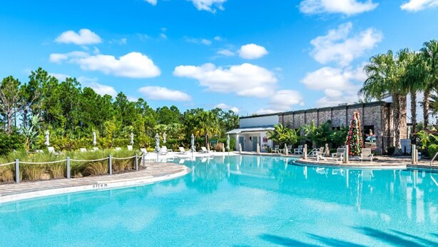 A large outdoor swimming pool with clear blue water, surrounded by palm trees and lounge chairs.