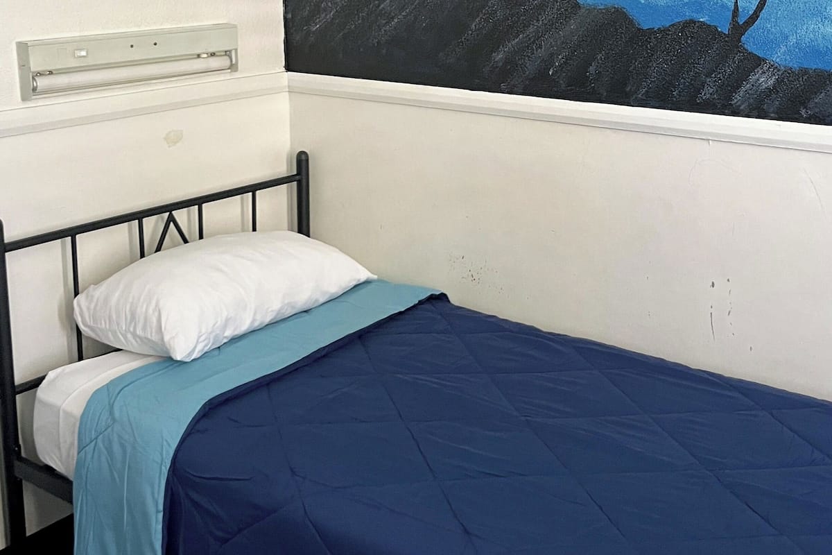 A single bed with a white pillow and a blue blanket in a room with white walls and a painting of a mountain landscape.