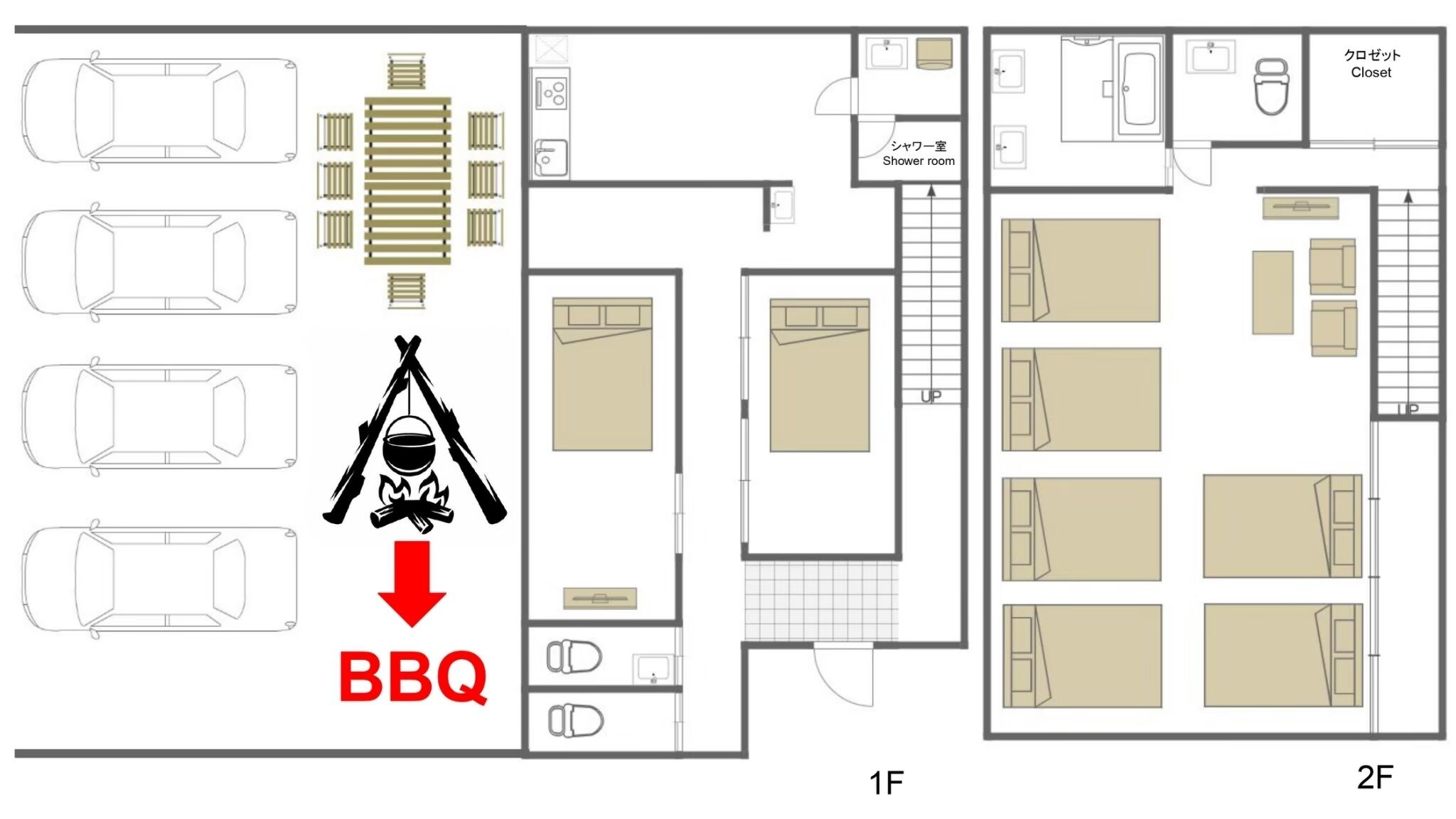 A floor plan with a BBQ area, multiple bedrooms, a bathroom, and a closet.