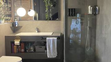 Shower, hair dryer, towels