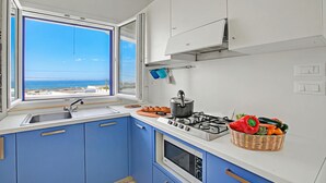 A modern kitchen with a window view, a gas stove, and a basket of vegetables.