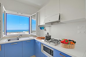 Una cocina moderna con vista al exterior, una estufa a gas y una cesta de verduras.