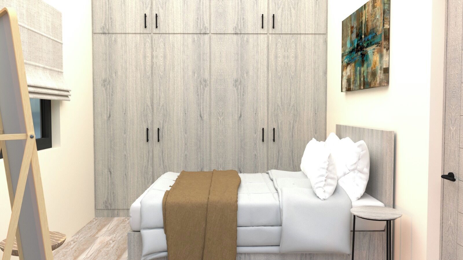A bedroom with a bed, a nightstand, a wardrobe, and a painting on the wall.