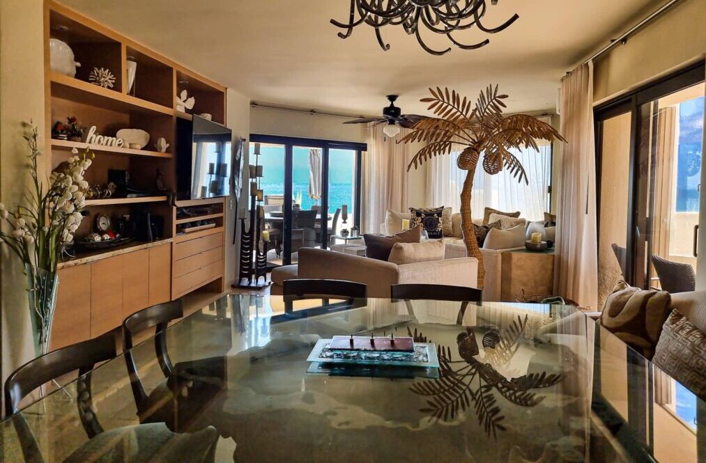 A spacious living area with a glass dining table, a sofa set, and a large plant.