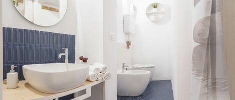 Shower, hair dryer, bidet, towels