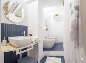 Shower, hair dryer, bidet, towels