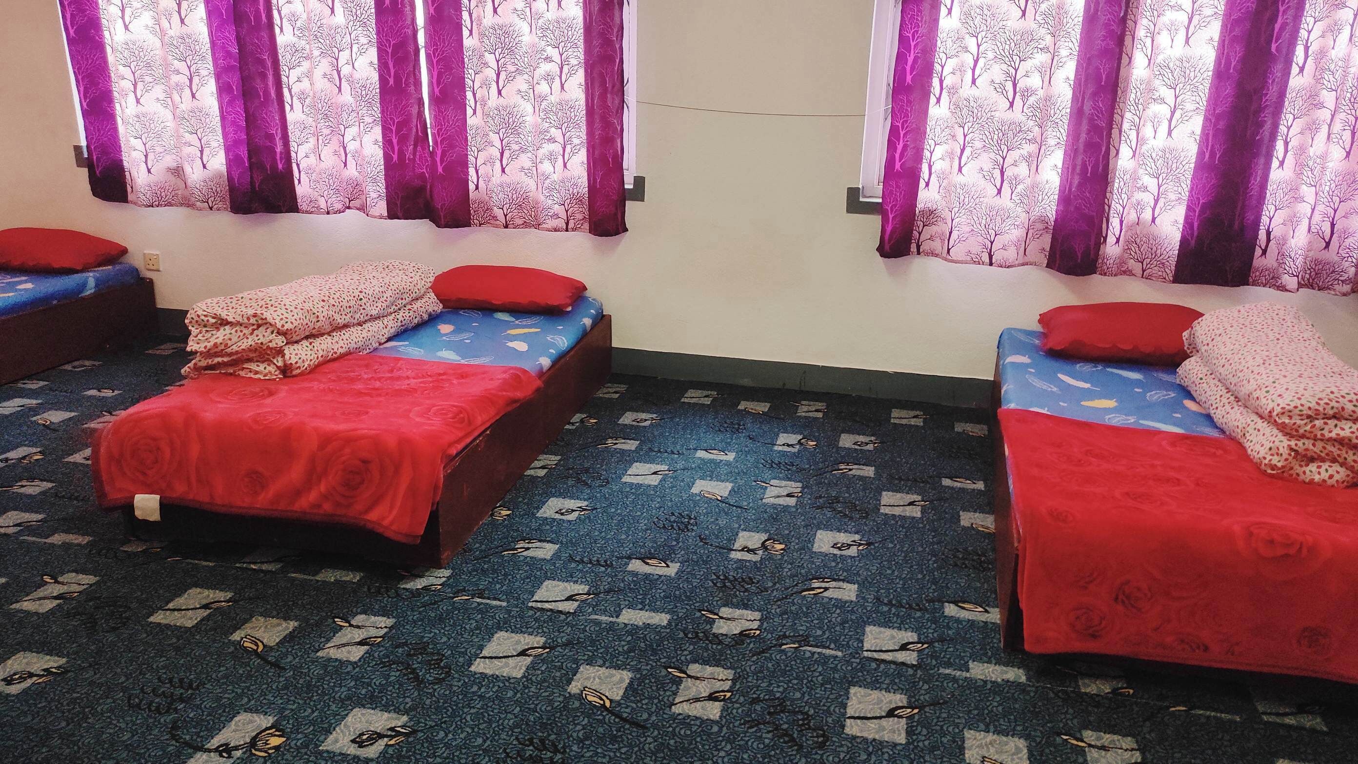 Habitación con dos camas individuales, cada una con colcha y almohada rojas. La habitación tiene una alfombra estampada y cortinas moradas con un diseño de árbol.