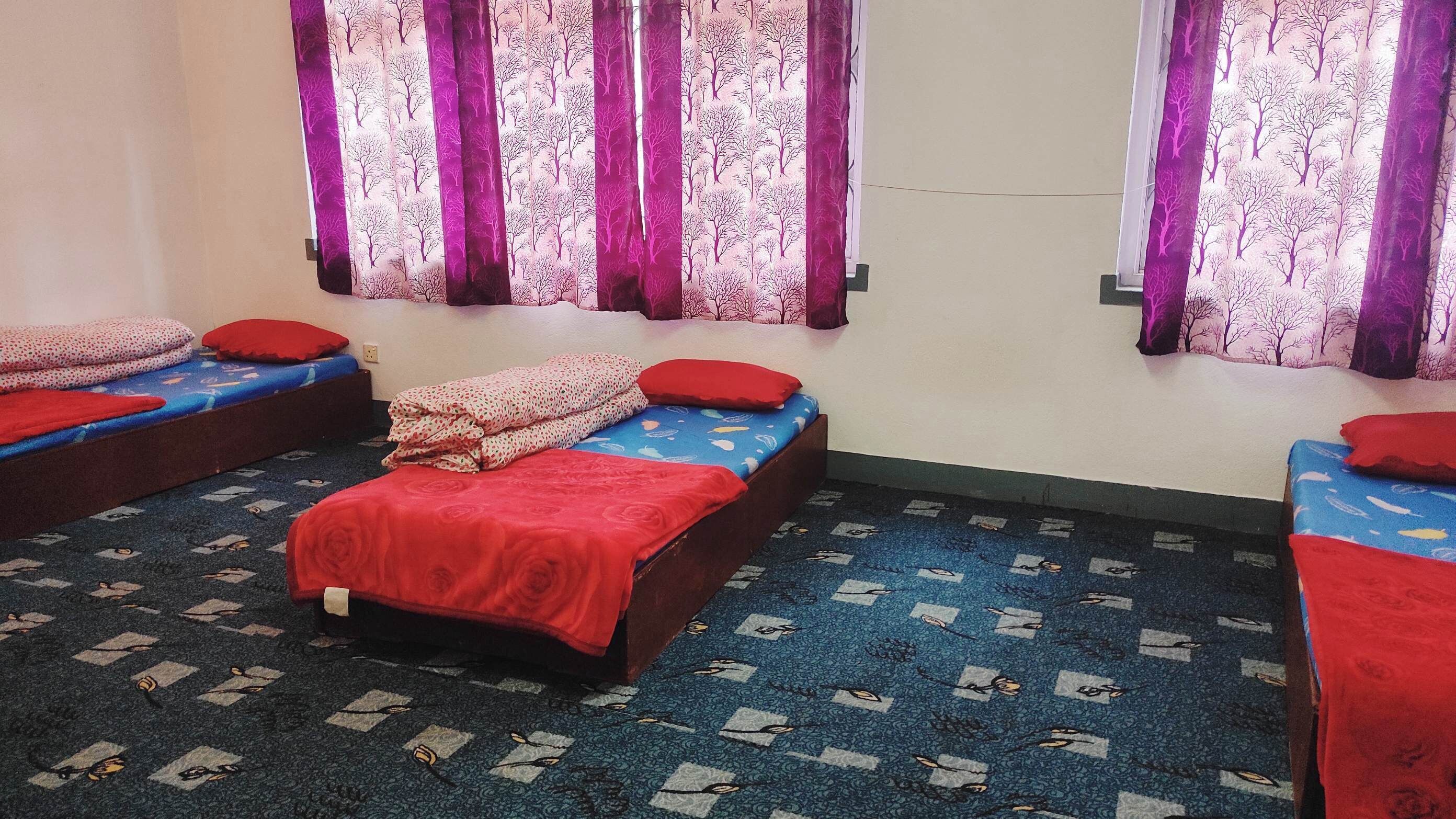 Habitación con tres camas individuales, cada una con colcha y almohadas rojas. El suelo tiene alfombra estampada y cortinas moradas con diseño de árboles.