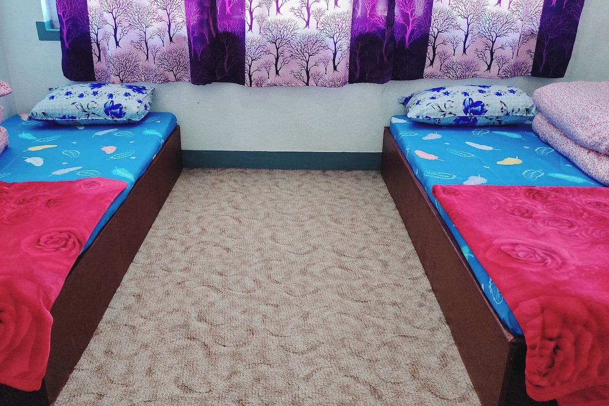 A room with two single beds, each with a blue mattress and floral pillows, and a beige carpet.