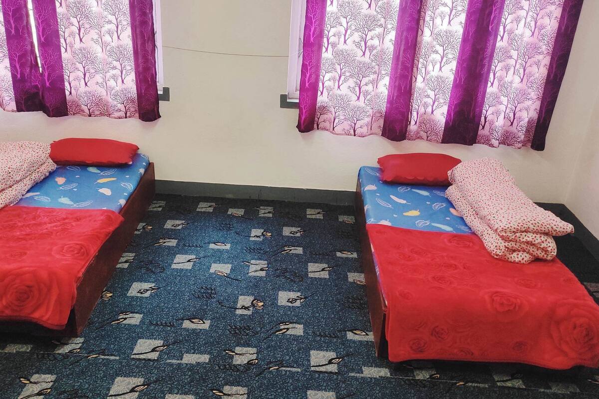 A room with two single beds, each with a red bedspread and pillows, and a blue patterned carpet.